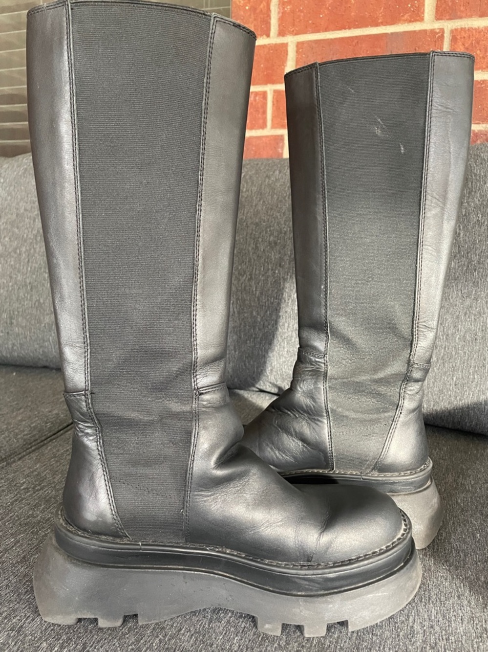 ZARA black leather tall boots track sole 38/7,5 biker rare - Picture 10 of 12